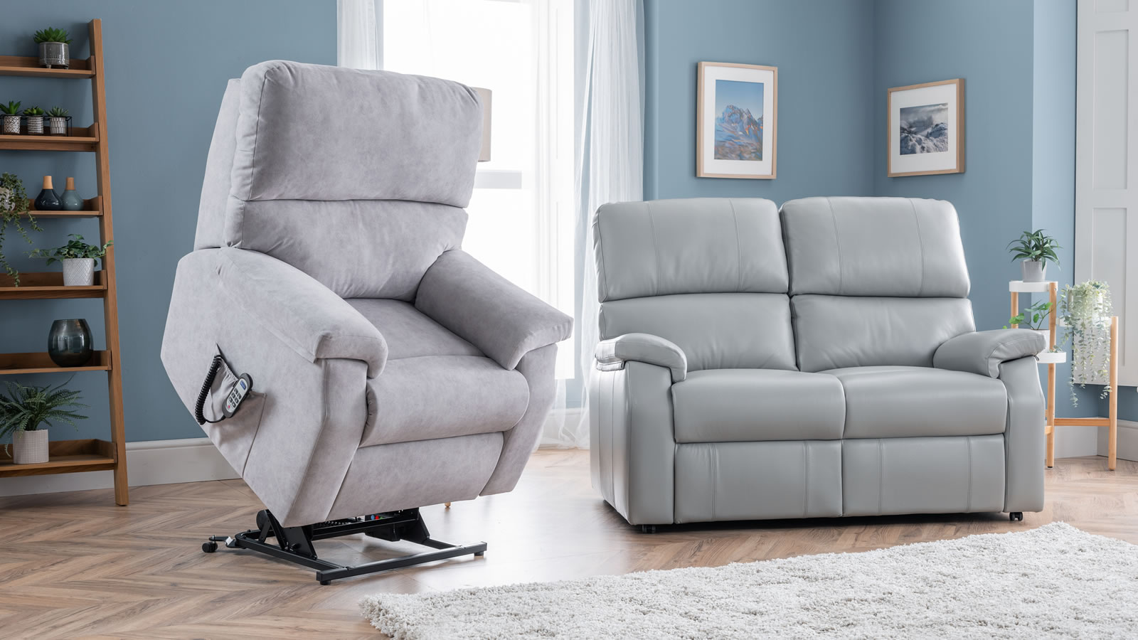 Celebrity Furniture Newstead leather sofa and fabric riser recliner Roomset